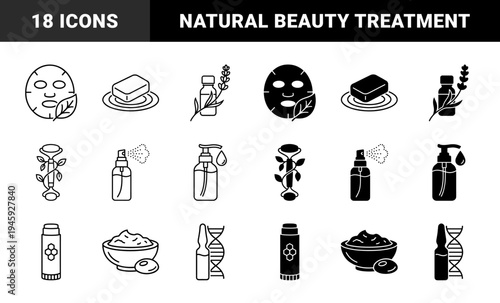 Skincare and organic beauty hybrid icon collection featuring botanical elements merged with facial rollers sheet masks and cosmetic laboratory vials