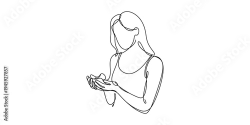 Continuous line art drawing of a woman holding something gently in her cupped hands, a minimalist illustration. Vector, illustration