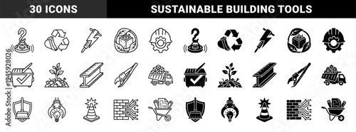 Sustainable Construction and Engineering Hybrid Icons Featuring Industrial Machinery Merged with Eco Friendly Symbols and Smart Building Technology