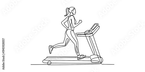 Continuous line drawing of a woman running on a treadmill, illustrating fitness and exercise in a minimalist style. Vector, illustration