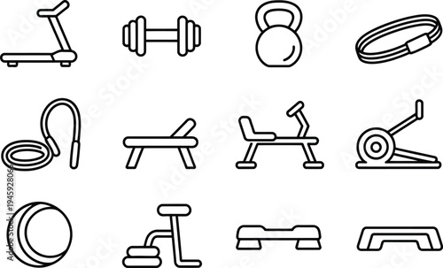 Outline Style Fitness Equipment Icons - A Clean and Modern Collection of Gym Gear and Exercise Machine Symbols for Health and Wellness Graphics