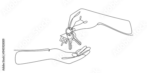Continuous line art drawing of one hand passing a set of house keys to another hand, symbolizing property transfer Vector, illustration