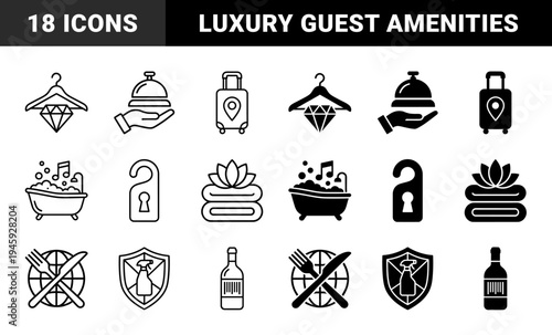 Luxury Hotel Services and Hospitality Amenities Featuring Hybrid Symbols of Concierge Bell Luggage Tracking and Wellness Spa Treatment Symbols