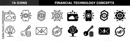 Hybrid financial technology icons featuring crypto wallet with cloud and chip integration plus monetary growth tree and secure digital key access
