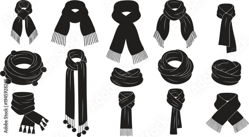 Winter scarf collection with knitted fashion scarves wrapped styles cold weather clothing accessory vector illustration isolated background