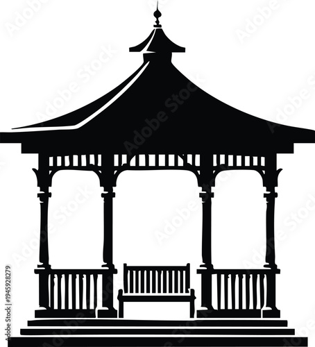 Black silhouette of a classic gazebo with a bench inside, a simple vector illustration for park design and architectural concepts, isolated on a white background