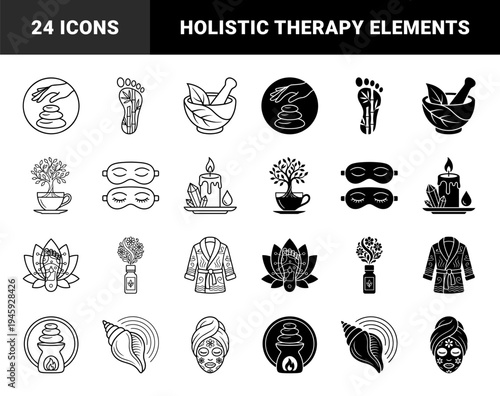 Zen Wellness and Holistic Spa Symbols featuring Hybrid Bamboo Foot Reflexology Tree Tea and Crystal Candle Infusions in Minimalist Line and Solid Style