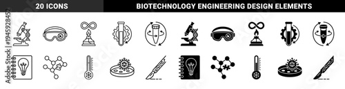 Biotechnology and Genetic Engineering Hybrid Icons Featuring DNA Microscope Burner Molecule and Scalpel Symbols in Linear and Solid Styles