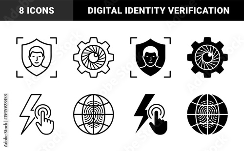 Biometric security and digital privacy symbols featuring hybrid combinations of facial recognition shields iris gears and fingerprint globes