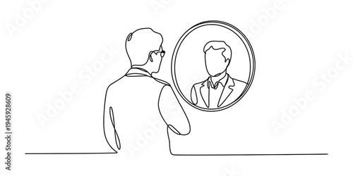 Continuous line art illustration of a man looking at his professional reflection in a mirror Vector, illustration