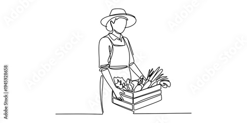 A person wearing a hat and apron holds a crate full of fresh vegetables in a continuous line art drawing Vector, illustration