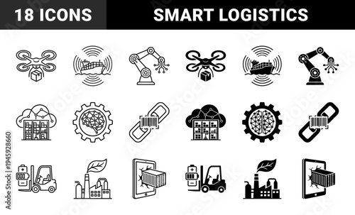 Smart Logistics and Industrial Automation Hybrid Concept Icons Featuring Drone Delivery Ship Radar Artificial Intelligence and Green Factory