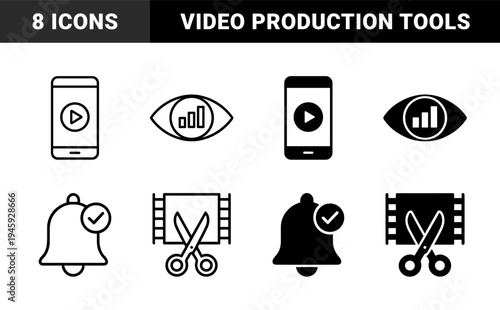 Hybrid media editing and analytics icons featuring mobile video players surveillance eye with data bars notification bells and film strip scissors