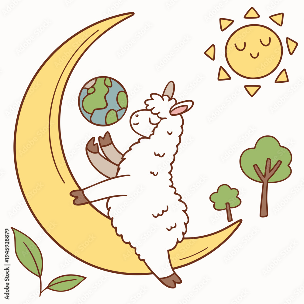 Fototapeta premium Cute Sleepy Alpaca, accessorized with sitting on a moon, in a Earth Day world – Go Green Planet palette vector