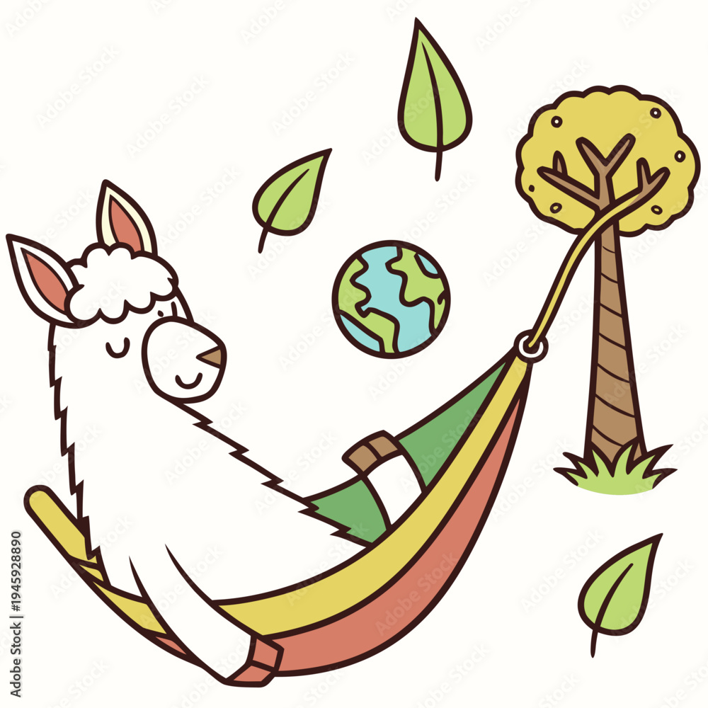 Fototapeta premium Go Green Planet colored Alpaca with a Funny touch, placed in a Earth Day theme and styled with in a hammock