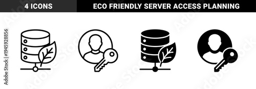 Hybrid icon set featuring eco friendly green server storage with leaf details secure user access with key and recurring schedule calendar events