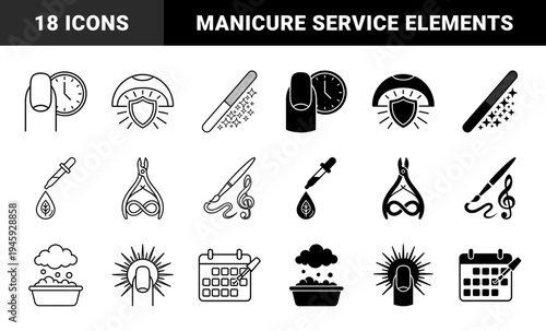 Manicure and Pedicure Beauty Service Icons Featuring Hybrid Symbols of Fingernails Merged with Clocks Calendars Magnifying Glasses and Musical Notes