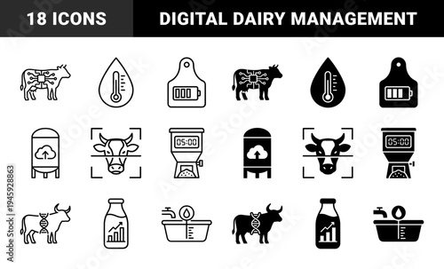 Smart Dairy Farming Icons Featuring Cow Biochip Sensors DNA Breeding Data Milk Production Analytics and Automated Livestock Monitoring Systems