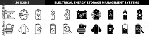 Hybrid battery energy icon set featuring conceptual combinations of power cells with eco leaves wireless signals gears fire and cloud storage symbols