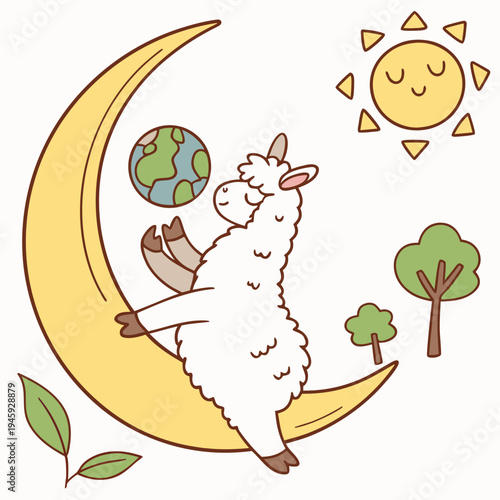 Cute Sleepy Alpaca, accessorized with sitting on a moon, in a Earth Day world – Go Green Planet palette vector