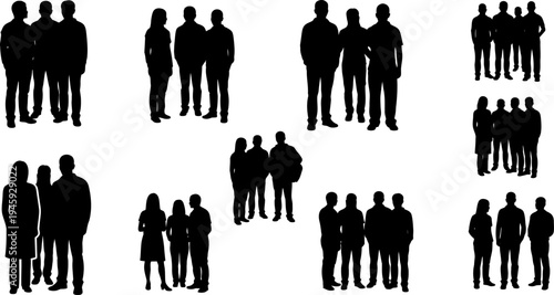 Vector silhouettes of business people including men women and family standing walking and working together in a group