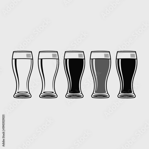 Five stylized beer glasses with varying shades of liquid