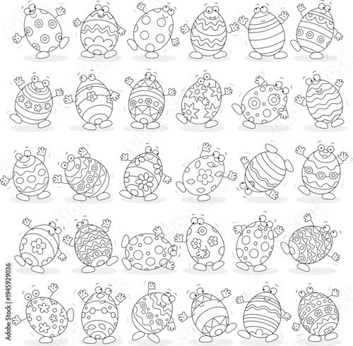 Greeting card with funny cartoon characters of decorated hand-drawn Easter eggs dancing happily, black and white vector cartoon illustration for a coloring book