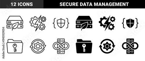 Hybrid computing and data management icons featuring server with leaf energy bolt gears shield with code brackets key folder and infinity server