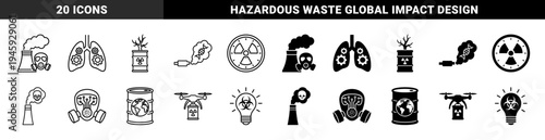 Ecological crisis and industrial pollution icons merging toxic waste barrels with global maps and human lungs with mechanical gear systems