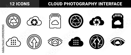 Cloud computing and photography hybrid symbol collection featuring camera aperture lens and memory card integrated with network storage data sync elements