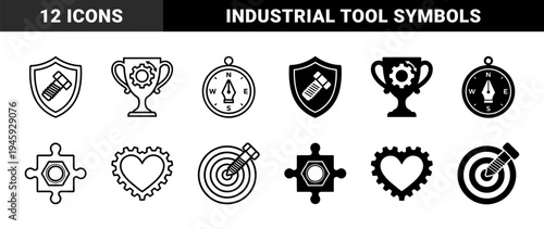 Hybrid technical hardware icons merging mechanical bolts and nuts with symbolic shields trophies compasses puzzle pieces hearts and target goals