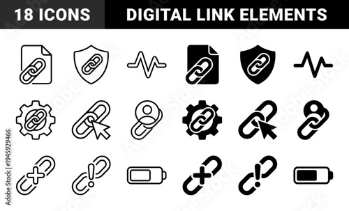 Black and white hybrid connection symbols merging link chains with security shield file document gear and user interface notification elements