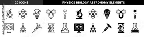 Abstract science and medical hybrid icons featuring microscope eye atom heart planetary lightbulb magnetic infinity and neural network monitor