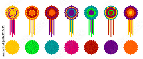 Mexican fiesta paper fans set for Cinco de Mayo party decoration, colorful paper rosettes with ribbons, decorative vibrant paper wheels isolated on white background, festive party supplies vector