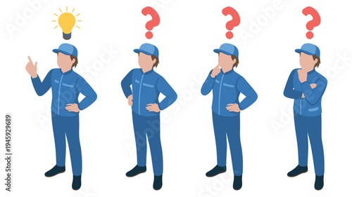 Worker Thinking Process Isometric Illustration with Idea Lightbulb and Question Marks