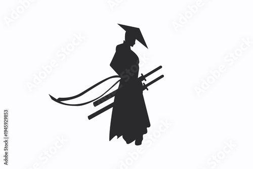 Samurai warrior silhouette with two katana swords vector illustration.