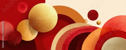 Warm red and gold abstract layered paper background with circular geometric shapes and textured finish