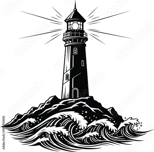 A classic lighthouse standing tall amidst turbulent ocean waves
