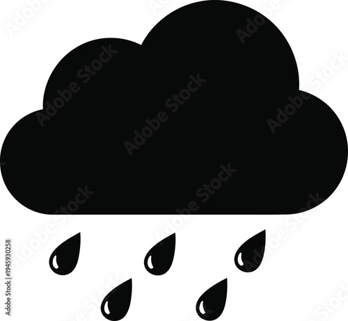 A black and white illustration of a cloud releasing droplets of rain