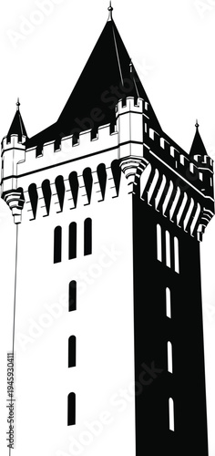 Majestic medieval architectural tower with intricate stone detailing and steep roof