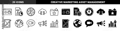 Hybrid Media Production and Digital Content Strategy Icons Featuring Integrated Symbols for Video Cloud Storage and Creative Marketing Analytics