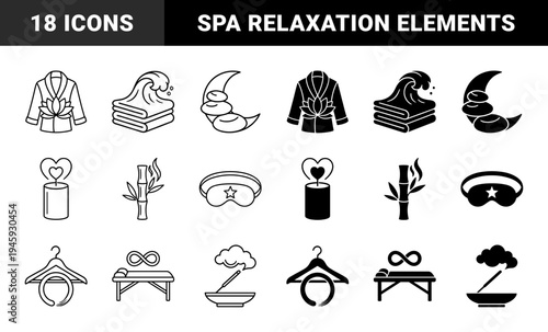 Zen Wellness and Spa Icon Set Featuring Hybrid Symbols of Lotus Robe Bamboo Steam Massage Table and Celestial Sleep Mask in Outline and Solid