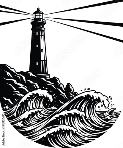 Vigilant lighthouse guiding stormy seas through the night