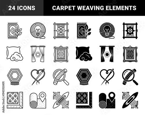 Hybrid textile manufacturing and rug design icons featuring woven carpet patterns merged with lightbulbs globes magnifying glasses and circuit boards