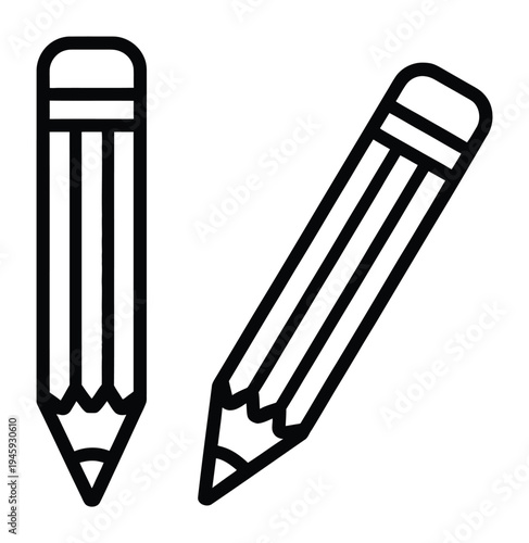 Two Pencils, One Vertical and One Angled, Black Outline