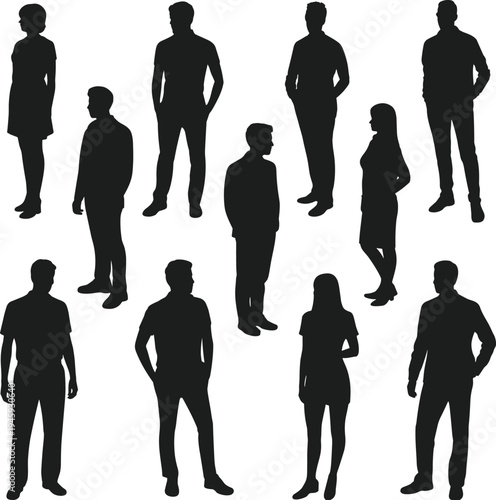 Eleven diverse silhouettes of men and women standing in various poses, group dynamics, human diversity, anonymity, posture study, social illustration, community concept