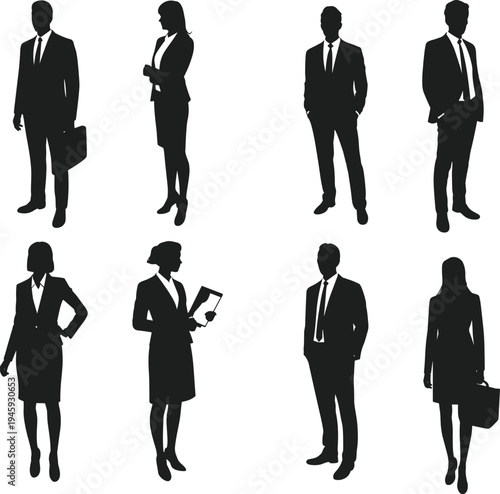 Eight business silhouettes of professional men and women in corporate attire, briefcases, workplace diversity, office posture, leadership, teamwork, communication illustration