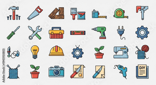 Colorful diy icons set including tools hardware and home improvement symbols on gray background