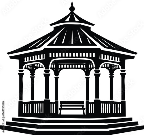 Black silhouette of a classic gazebo with ornate details a decorative outdoor structure for parks and gardens isolated on white background