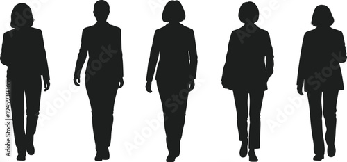 Five business silhouettes of professionals walking forward in corporate attire, teamwork, leadership, workplace diversity, career success, office posture, motion illustration concept